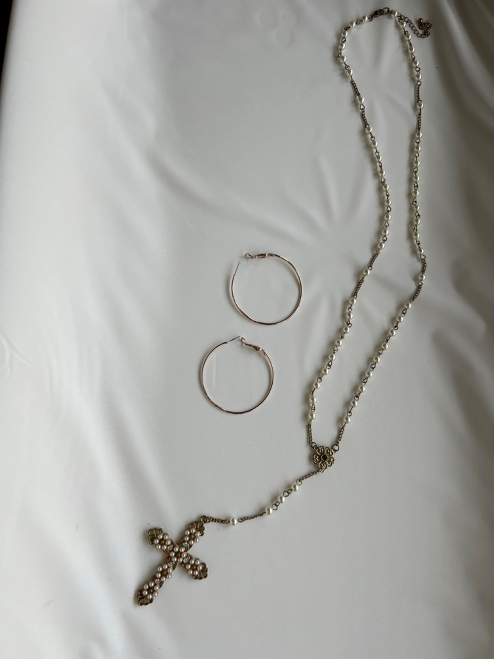 Pearl Cross Rosary Necklace with Hoop Earrings - Gold Tone